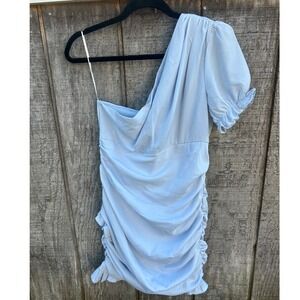 Hello Molly One Shoulder Ruched Mini Dress Baby Blue NWT US 8 Sorority Rush